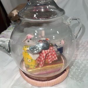Vintage Glass Teapot with Mouse Figurines